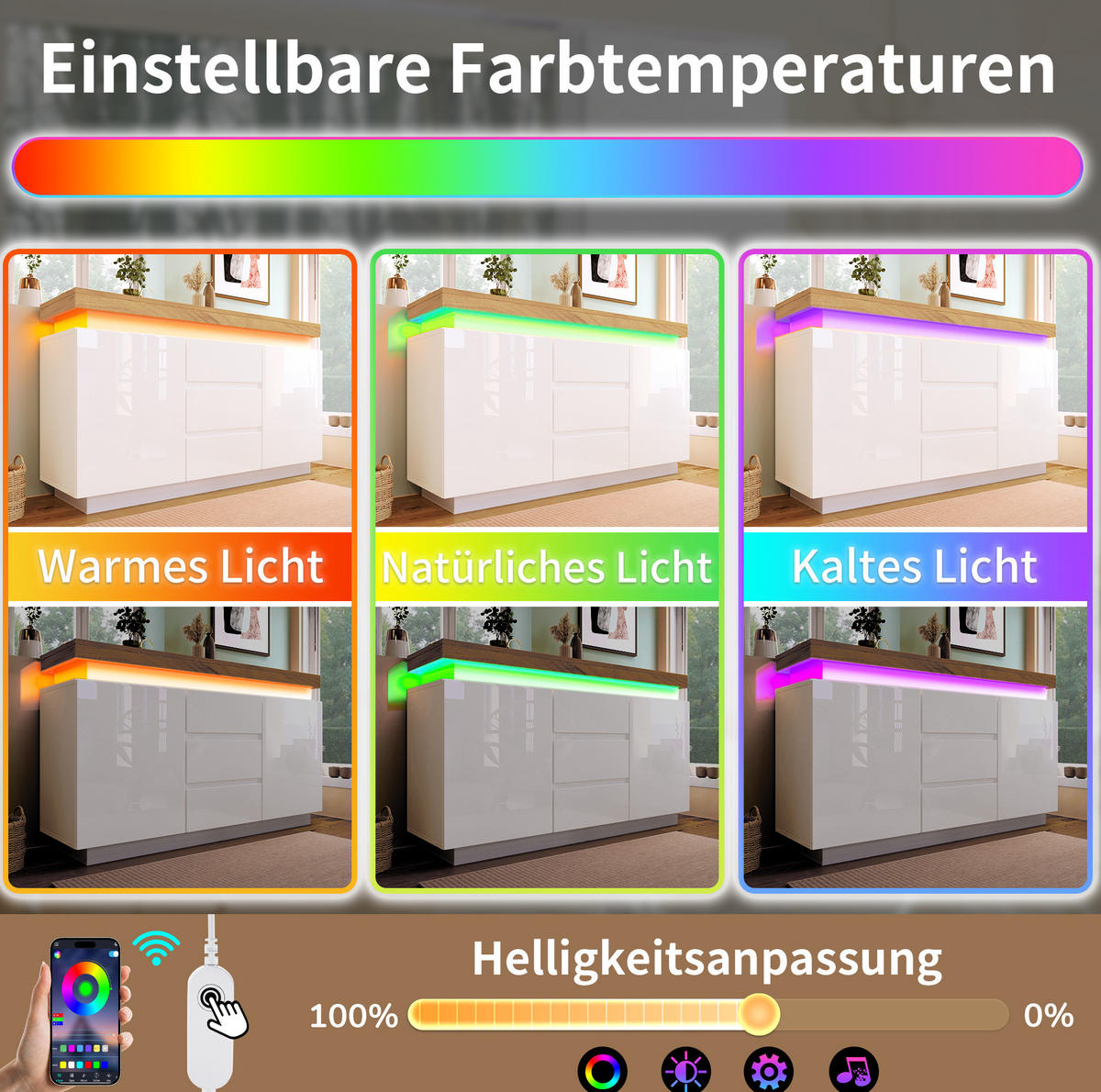 SIDEBOARD aus Spanplatte und MDF 140x39x81 cm Weiß mit LED-Beleuchtung, 2 Türen und 3 Schubladen - Weiß, Holzwerkstoff (140/81/39cm) - IVMEU