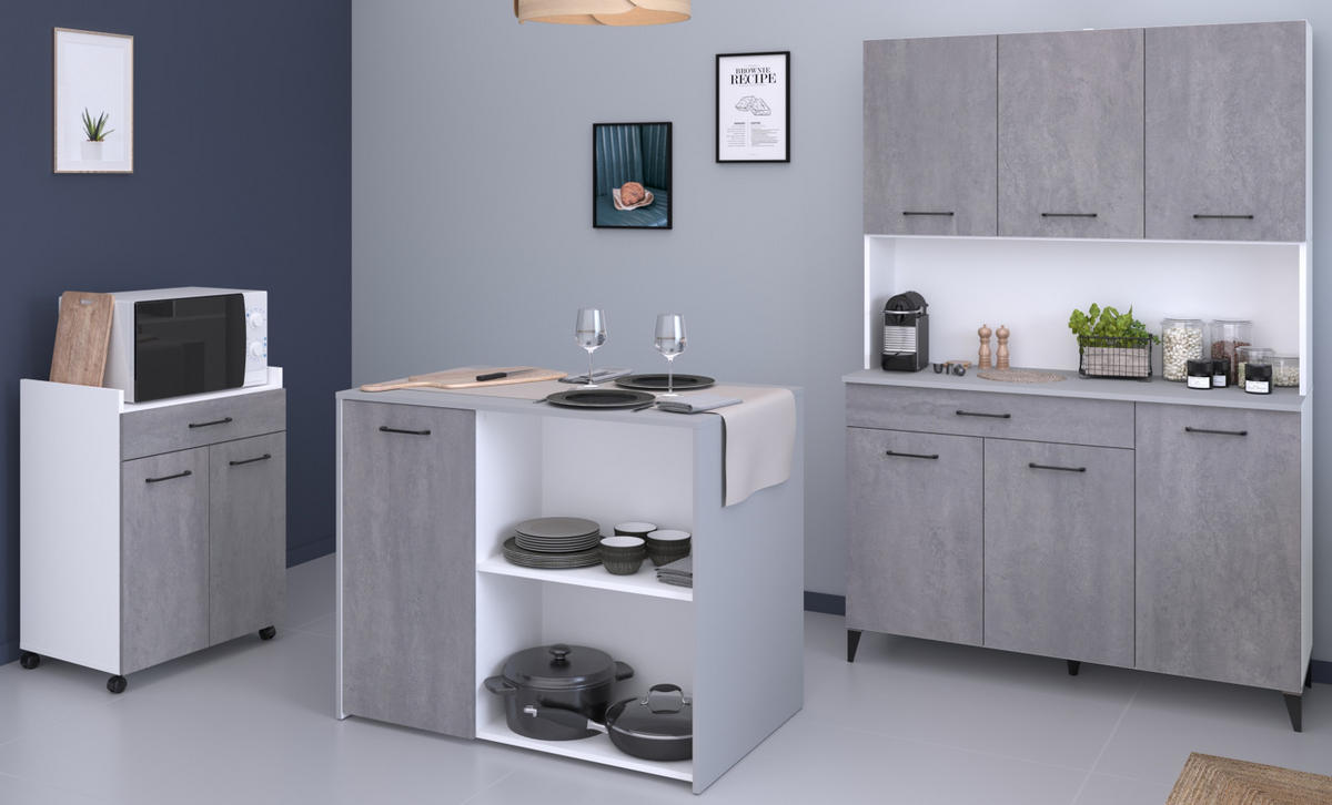 KÜCHENSCHRANK-SET 3-teilig Beton grau, weiß, Küche Buffet und Kücheninsel - Schwarz/Weiß, Holzwerkstoff/Kunststoff (120/180/65cm) - Parisot Meuble