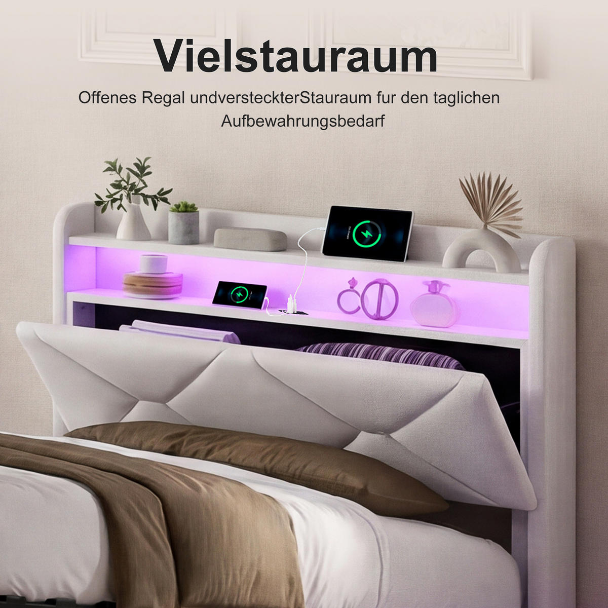 POLSTERBETT 90x200 cm mit hydraulischem Stauraum, Stauraumkopf, RGB-LED, USB-/Typ-C, Samtstoff in Beige - Beige, Holz (90/200cm) - BRILVERDE