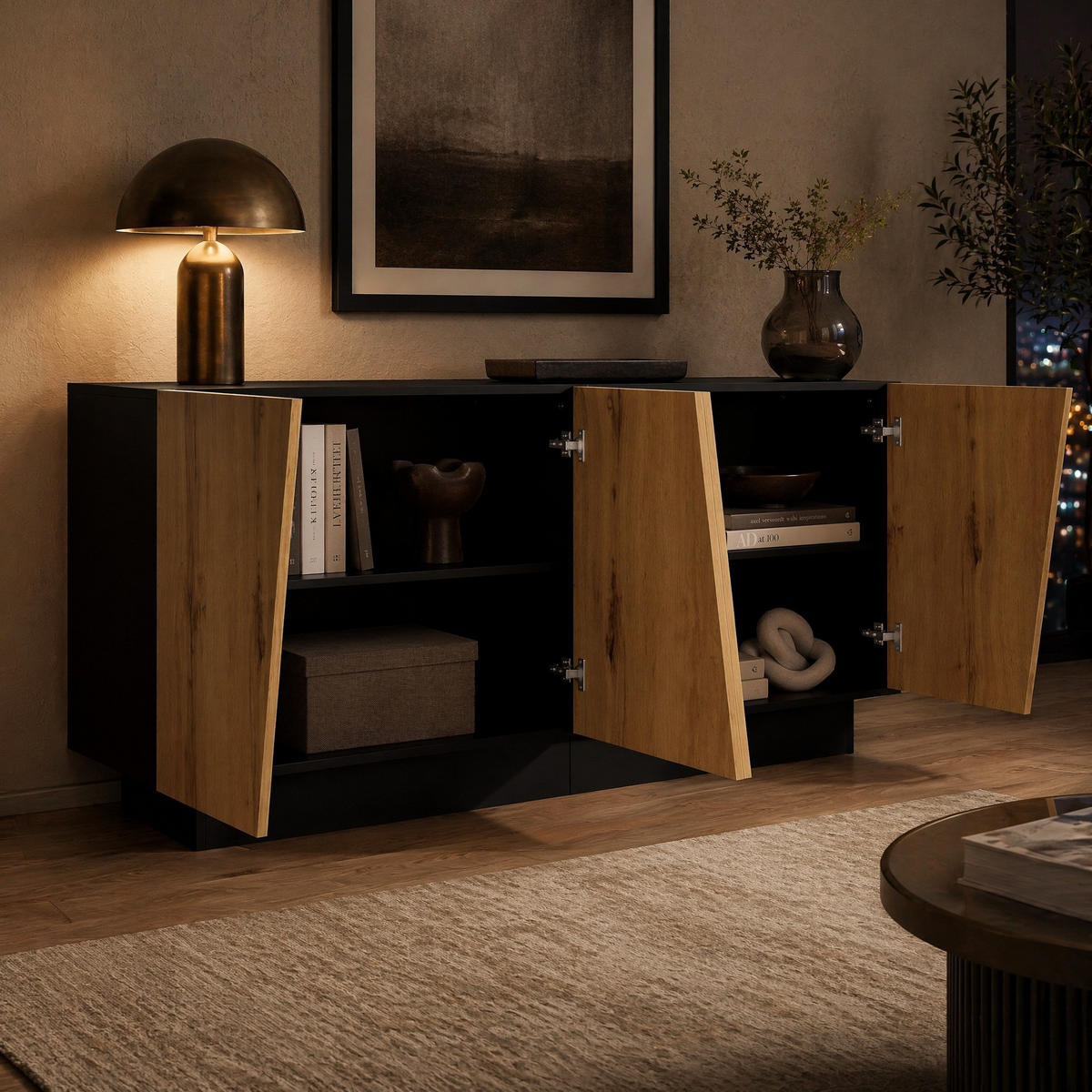 SIDEBOARD in Schwarz-Holzoptik 160/40/72 cm aus Spanplatte mit Türen, verstellbarem Einlegeboden und Stauraum - Schwarz/Naturfarben, Holzwerkstoff/Metall (160/72/40cm) - CHICFURN