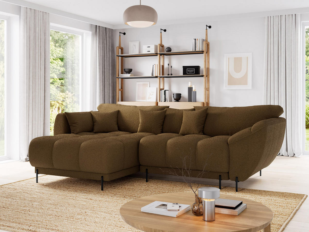 ECKSOFA LEGRO Links weiß Bouclé-Stoff L-Form Couch mit Schlaffunktion & Bettkasten - Schwarz/Weiß, Holz (180/285cm) - Barchello