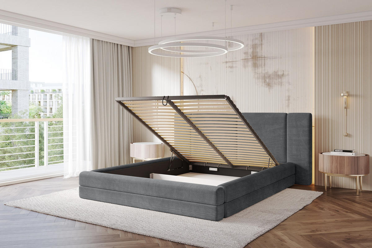 POLSTERBETT mit Bettkasten und Lattenrost, Boxbett ohne Matratze - TEVO 140x200 Dunkelgrau - Graphitfarben, Holzwerkstoff/Textil (140/200cm) - ALTDECOR