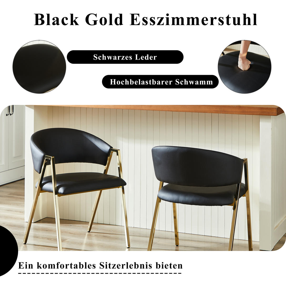ESSZIMMERSTUHL 2er-Set mit PU-Bezug und Goldrahmen, Schwarz - Schwarz, Textil (56/77/59cm)
