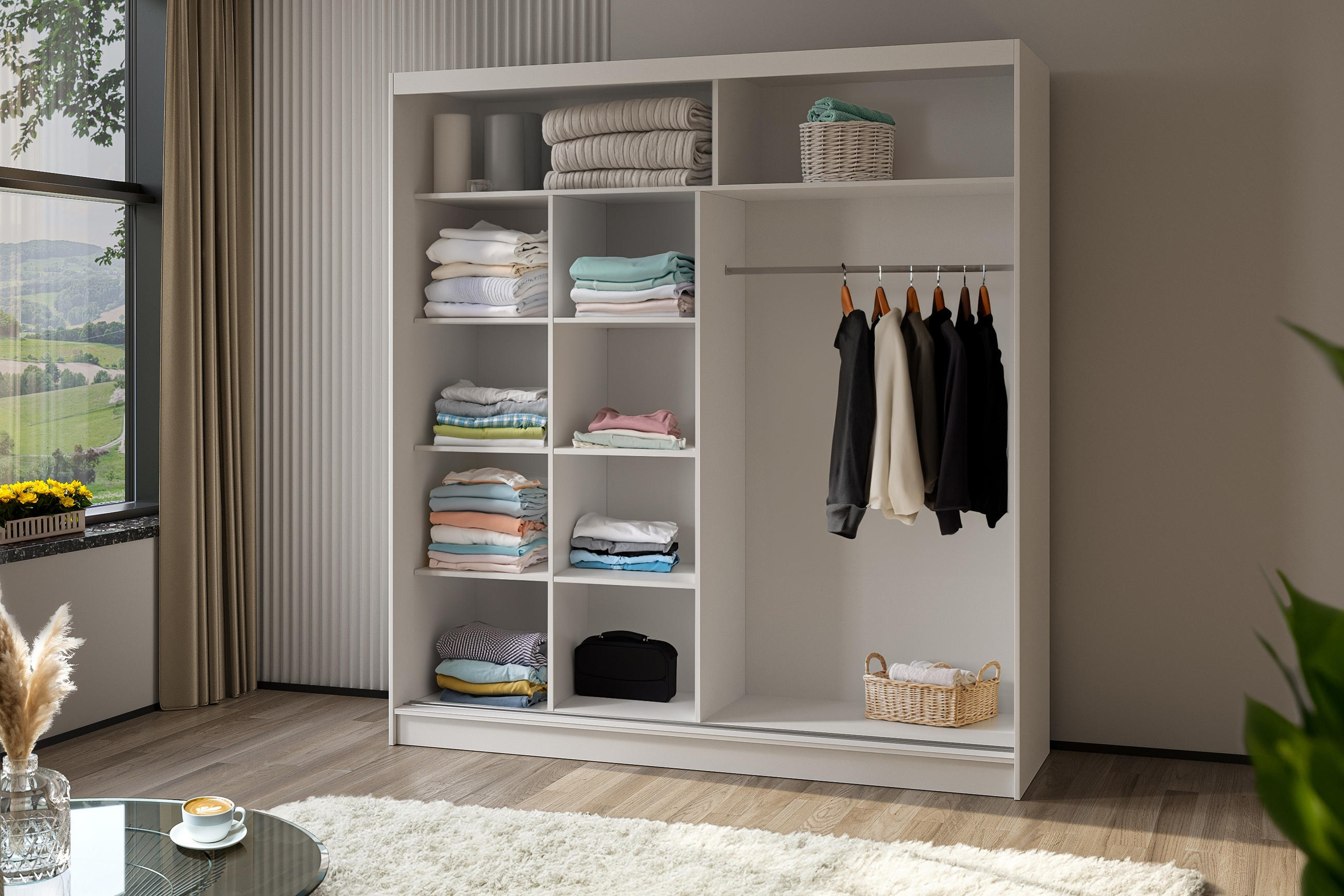 SCHWEBETÜRENSCHRANK Cabinio Weiß Eiche Artisan 200/216/61 cm – mit Spiegel und Lamellen - Walnussfarben/Weiß, Holzwerkstoff/Kunststoff (200/216/61cm) - AX Living
