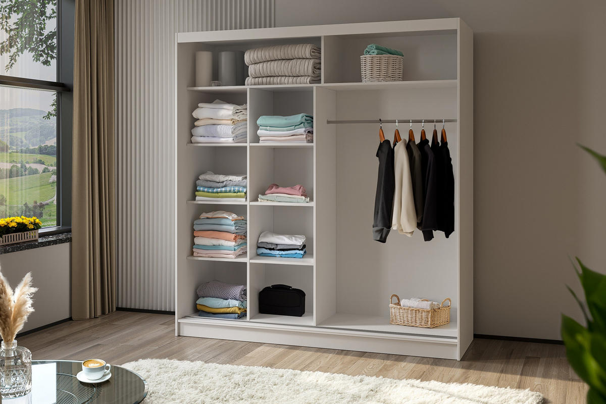SCHWEBETÜRENSCHRANK Cabinio Weiß Eiche Artisan 200/216/61 cm – Modern, mit Lamellen - Walnussfarben/Weiß, Holzwerkstoff/Kunststoff (200/216.1/61cm) - AX Living