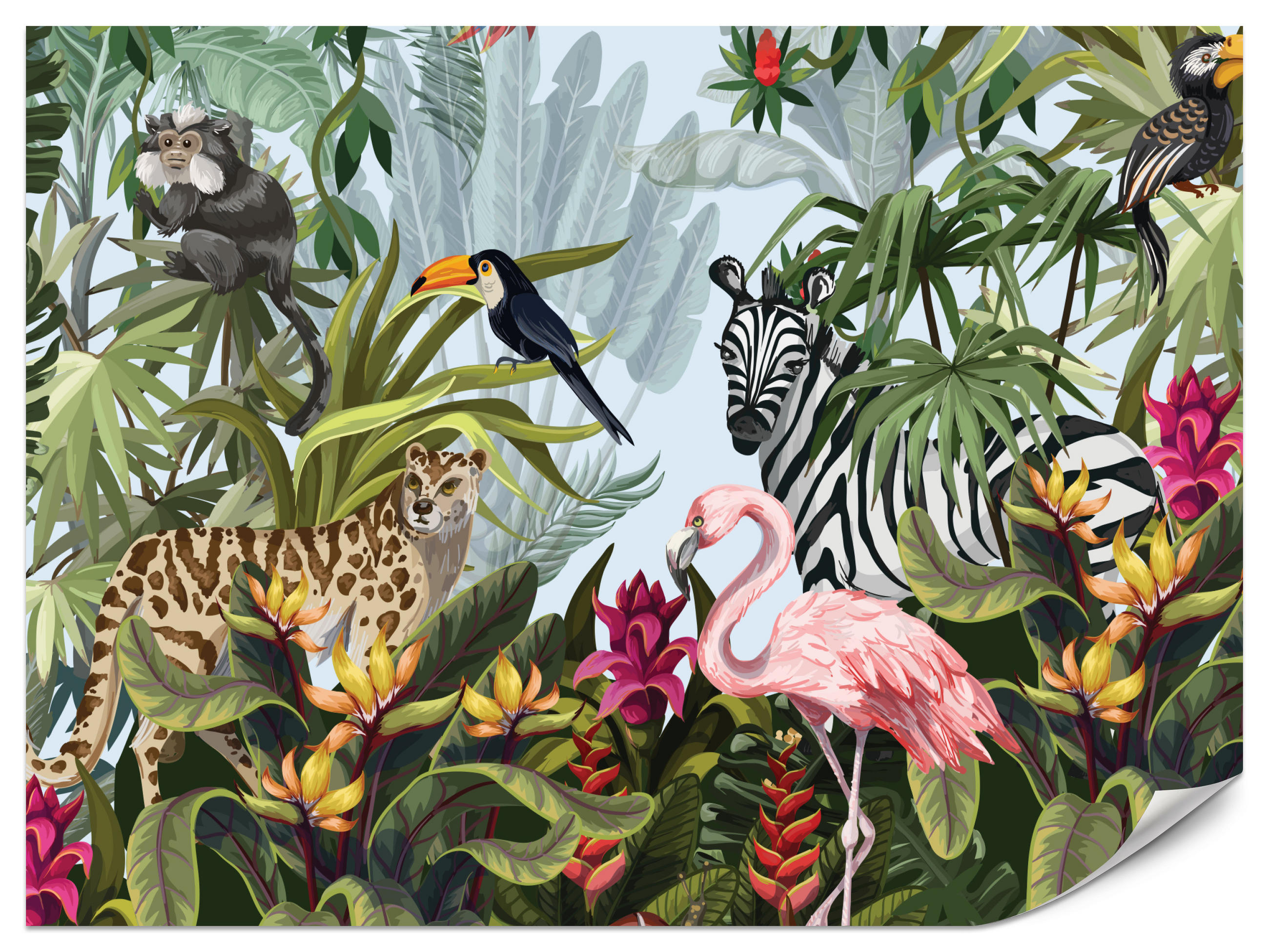 FOTOTAPETE für Kinderzimmer Tropische Pflanzen Tiere Flamingo Rippen 200x140 - Multicolor, Papier (200/140cm) - Muralo