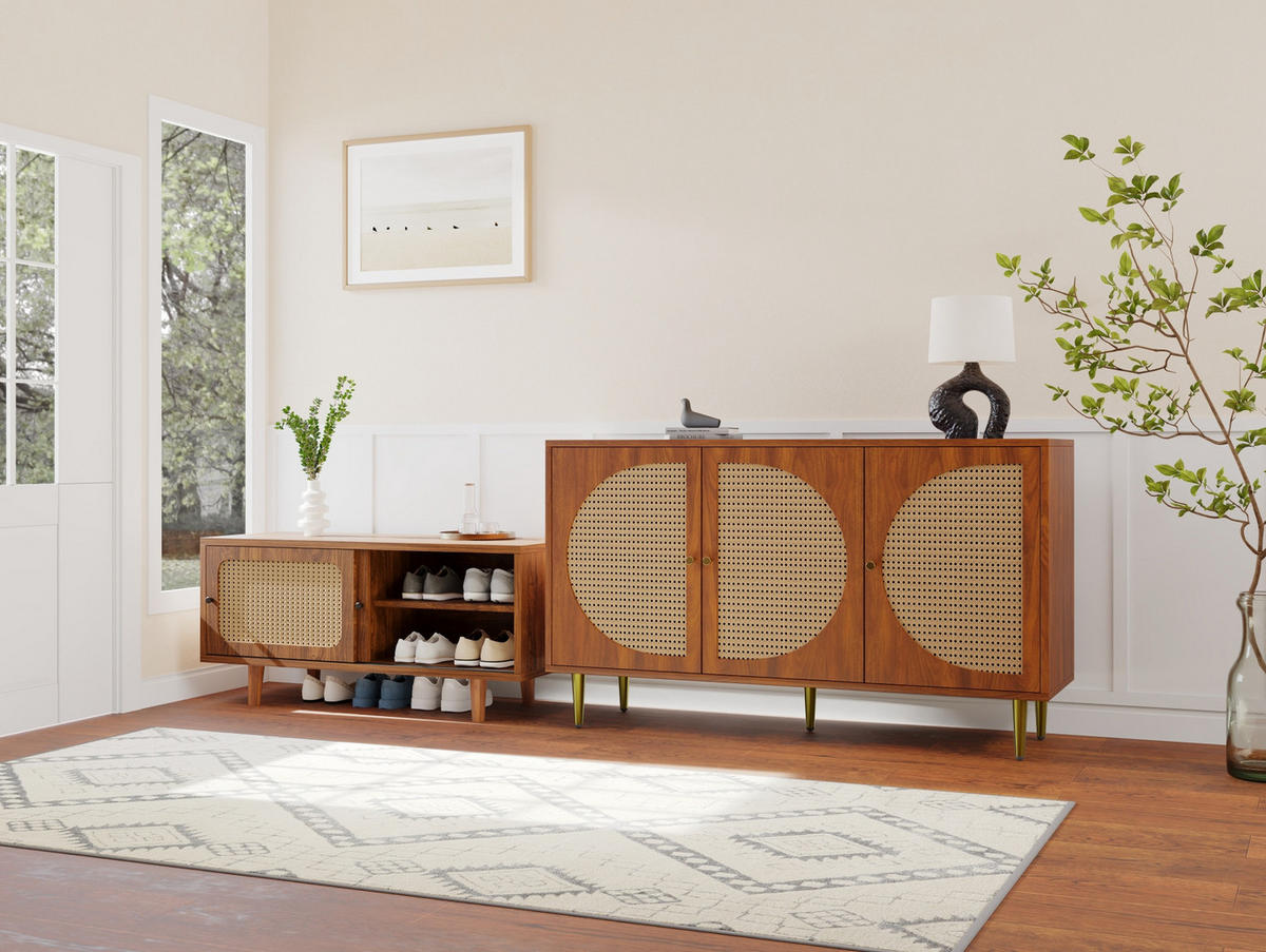 SCHUHSCHRANK in Walnuss mit Rattan, 3 Türen und 2 Schiebetüren,104/40/48 cm - Walnussfarben, Holzwerkstoff (40/48/104cm) - Flora Grace
