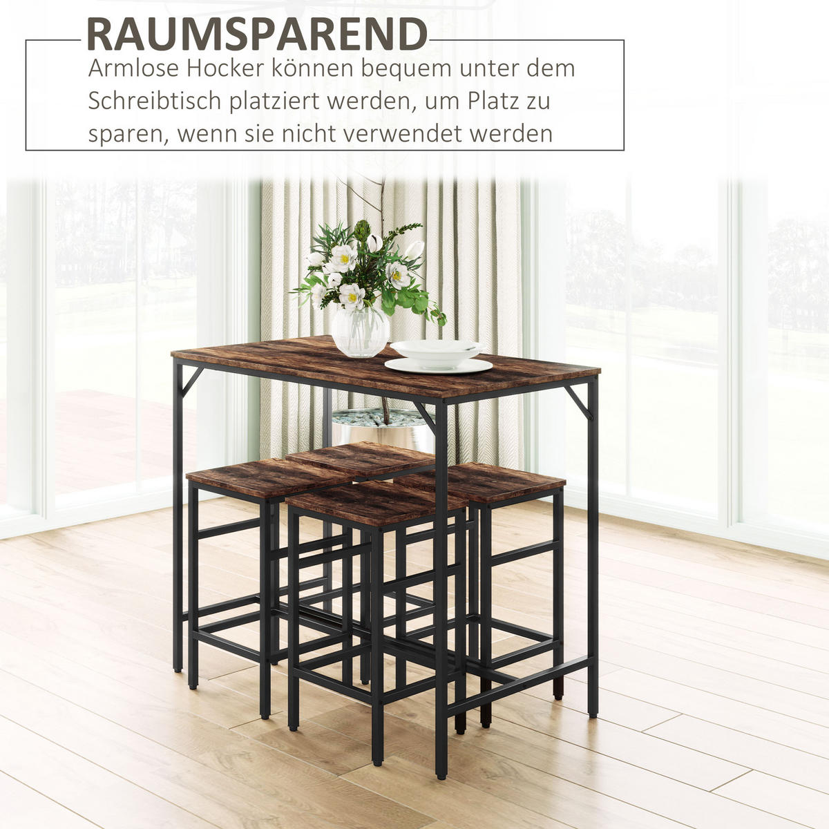 BARTISCH-SET Stehtisch mit 4 Barhockern 5-teiliges Tischset Stahl Braun - Braun, Kunststoff (60/88/100cm) - HOMCOM