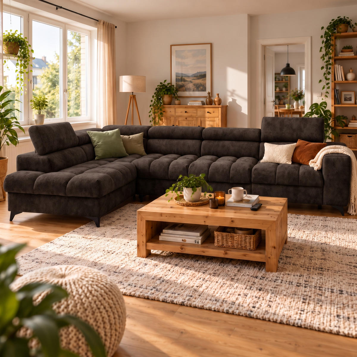 ECKSOFA PUDDING MAXI L Links mit Schlaffunktion 125x195 Velours Dunkelbraun - Dunkelbraun/Schwarz, Holz/Textil (350/203cm) - Muffo