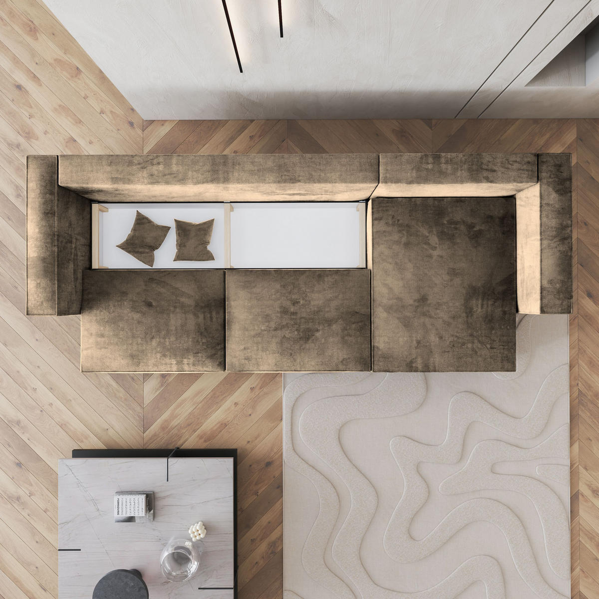 ECKSOFA TOLMO M Beige Velours-Stoff mit Schlaffunktion - Beige, Holz (347/148cm) - MASSENO