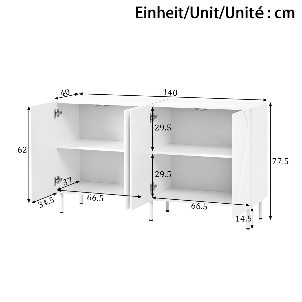 SIDEBOARD 3D Türen grifflos PB MDF Metallfüße modern - Weiß, Holzwerkstoff (40/77.5/140cm) - FLIEKS