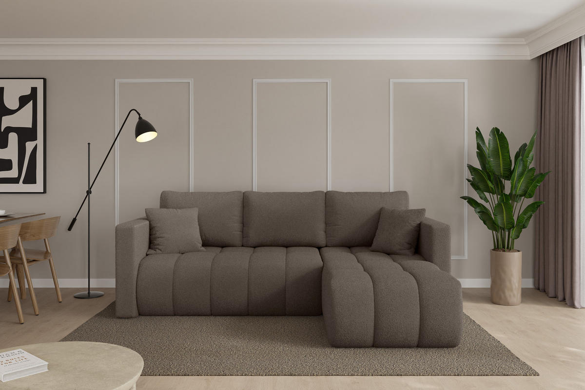 ROHOVÁ SEDAČKA s funkcí spaní, otoman vpravo GARD-L 226x146x85 hnědá bouclé - černá/hnědá, kompozitní dřevo/textil (226/146cm) - ALTDECOR