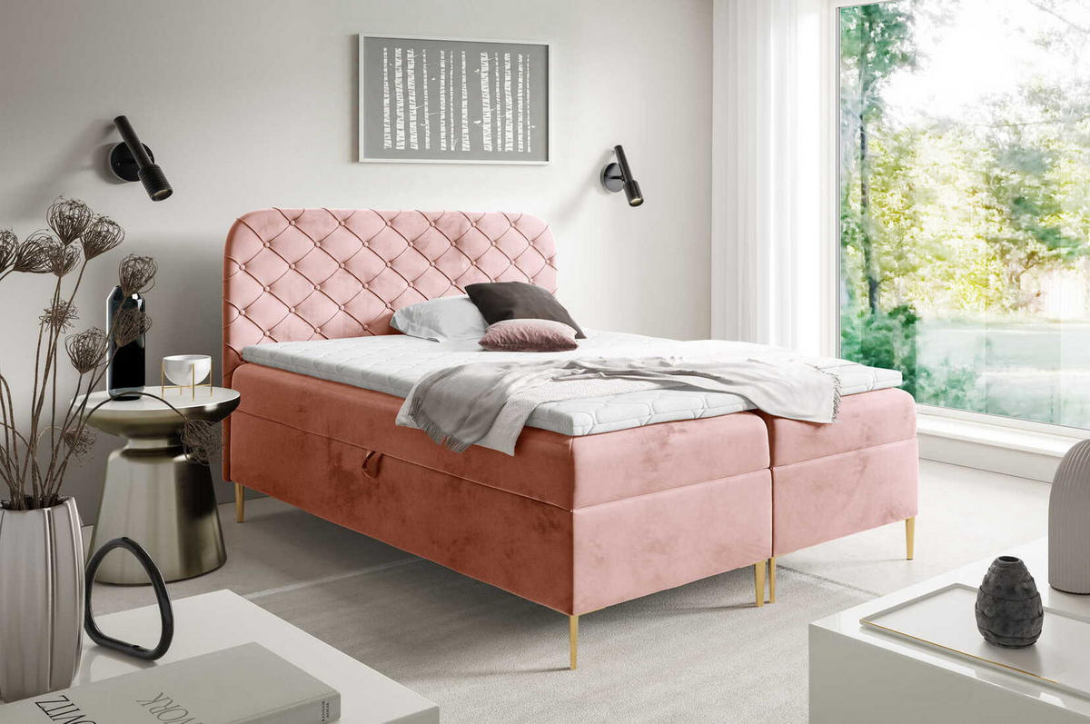 BOXSPRINGBETT 180x200 Elara, Chesterfield, 15 cm Beine, Matratze, Rosa - Pink, Holz/Textil (180/200cm) - Emporius