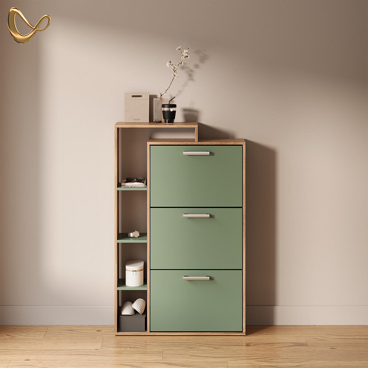 SCHUHKIPPER Ortello Goldkraft Eiche/Grün 80 x 128.3 cm mit 3 Fächern - Eichefarben/Grün, Holzwerkstoff (80/128.3/24.2cm) - Livinity®