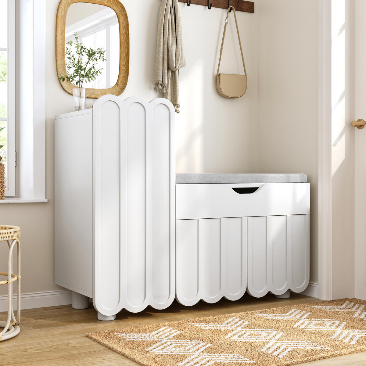 SCHUHSCHRANK 3 Türen Schublade Sitzpolster Weiß Platzsparend - Weiß, Holzwerkstoff (35/74.5/90cm) - FLIEKS