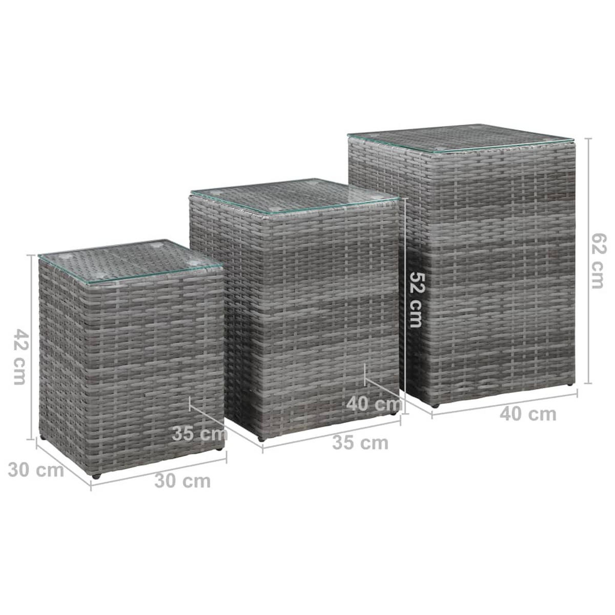 BEISTELLTISCHE 3er set Mit Glasplatte Grau Poly Rattan - Schwarz/Grau, Kunststoff/Metall (40/40/62cm) - vidaXL