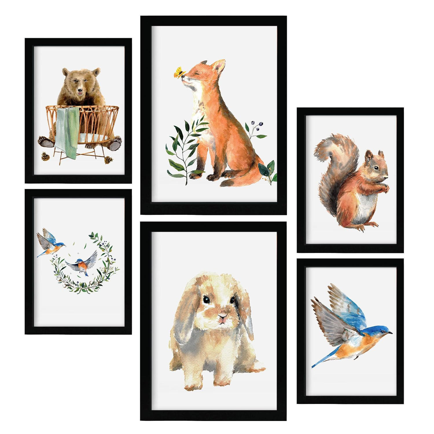 POSTER Set Mit 6 Aquarelltiere A3 & A4 Schwarzer Rahmen - Schwarz, Papier (29/3cm) - Nacnic