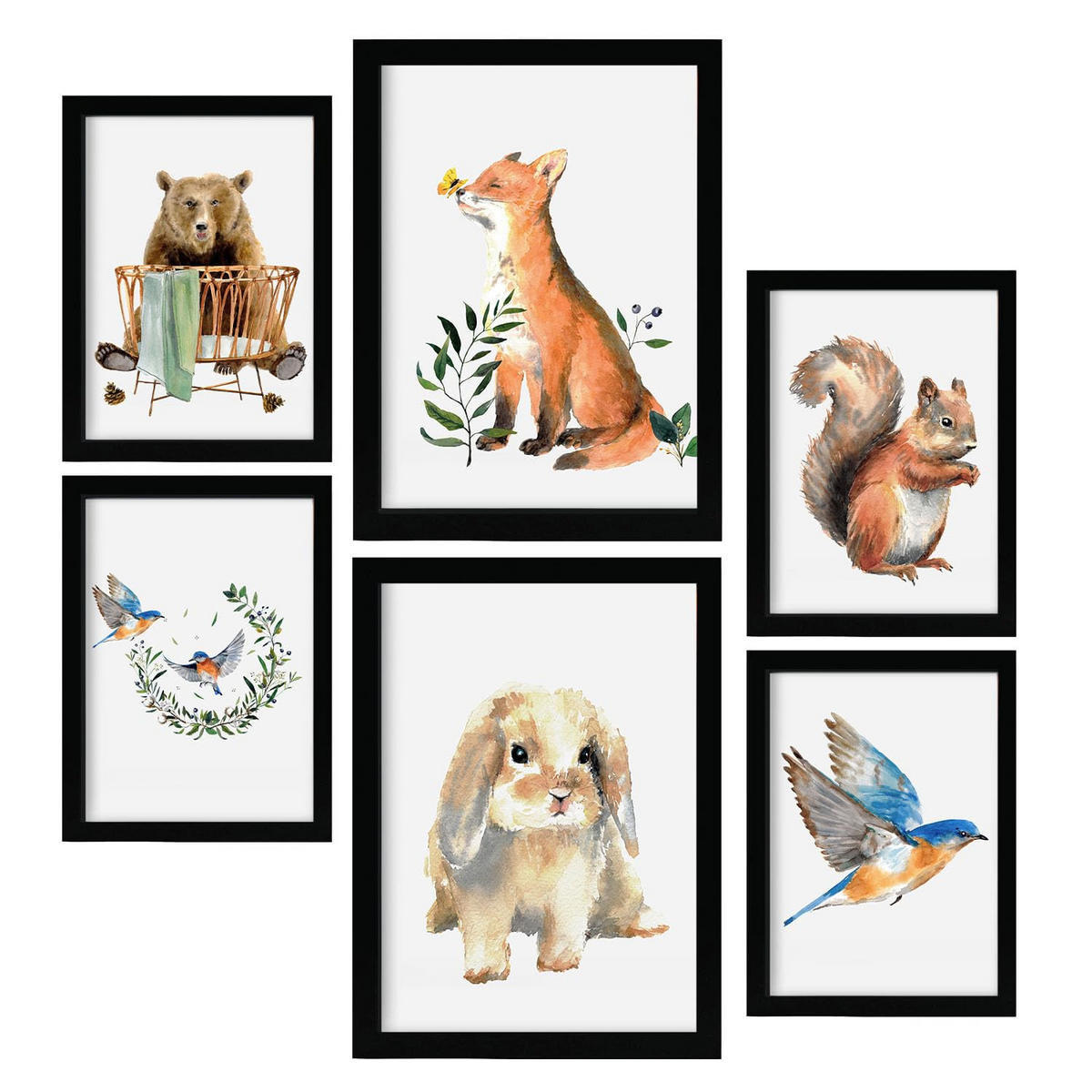 POSTER Set Mit 6 Aquarelltiere A3 & A4 Schwarzer Rahmen - Schwarz, Papier (29/3cm) - Nacnic