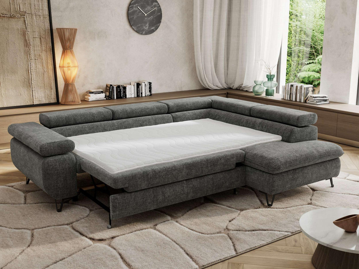 ECKSOFA PABLO L Grau Schenille grob gewebt - Rechts Seite mit Visco Topper - Schwarz/Grau, Textil/Metall (273/208cm) - MKS