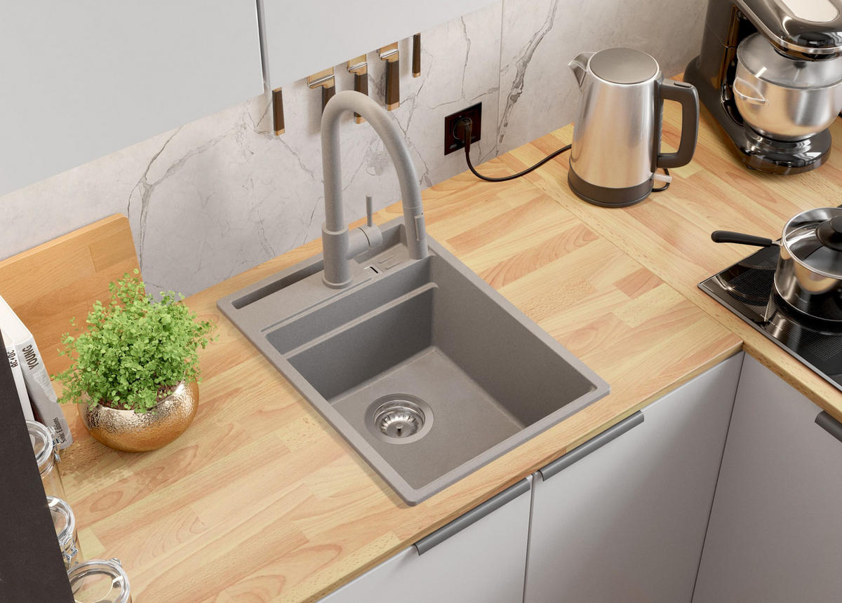 GRANITSPÜLE Oslo Pocket, 2-er set Grau 38/53 cm 1 Becken + Küchenarmatur 40/20 cm + Ablauf-Set + Küchenzubehörset ab 40er Unterschrank - Chromfarben/Beige, Kunststoff (38/20/53cm) - Primagran