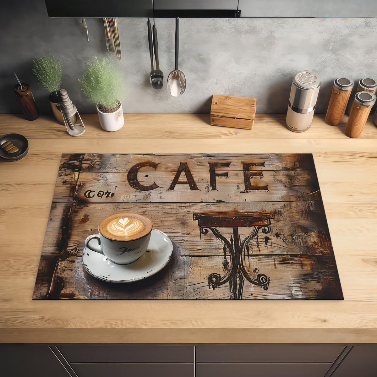 HERDABDECKPLATTE Cafe - Holz - Kaffee - Regale Ceranfeldabdeckung 76x51.5 cm - Schwarz, Kunststoff (76/51.5/0.2cm) - MuchoWow
