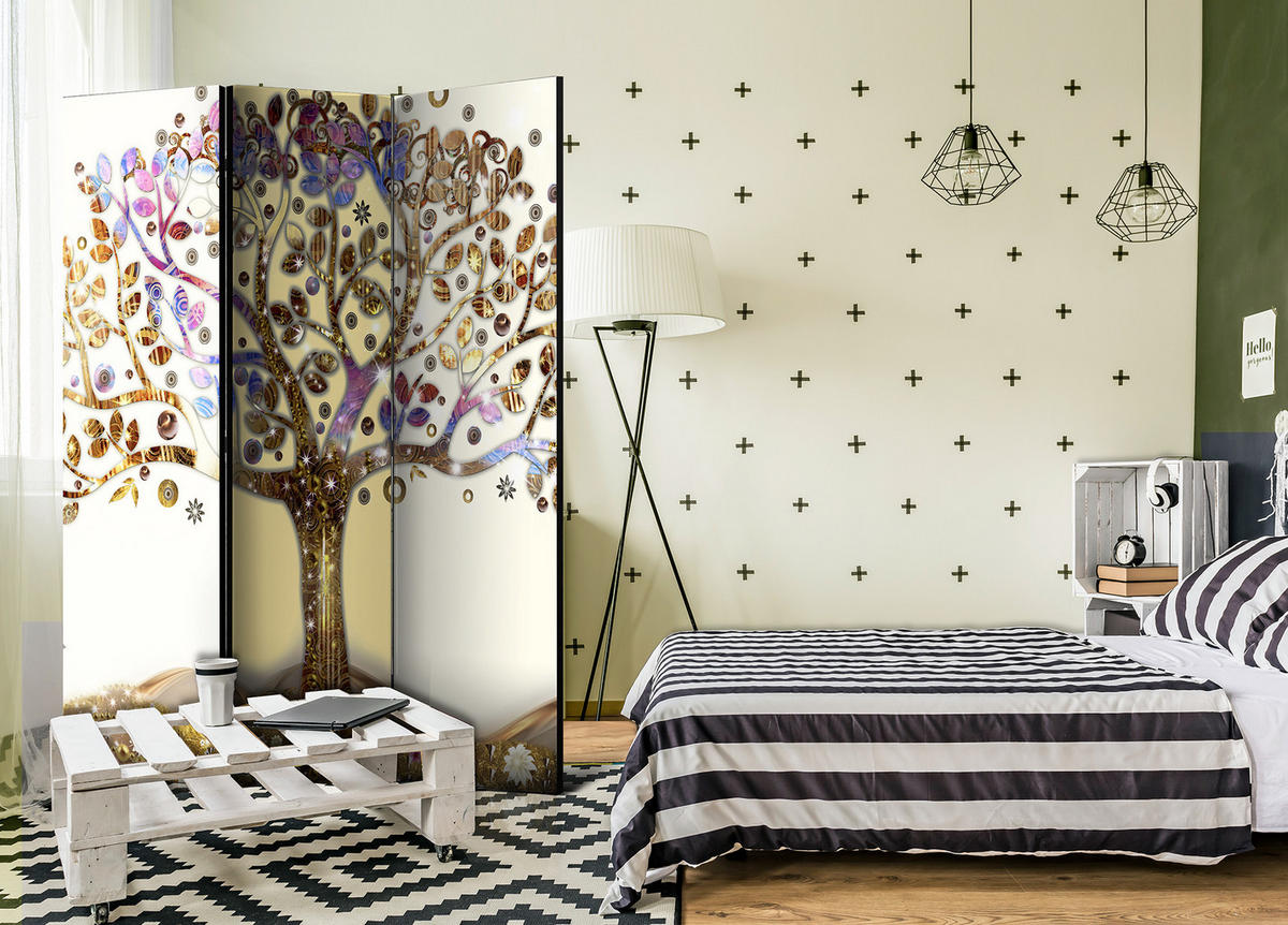 PARAVENT Einseitig Bedruckter 3-tlg 135x172 cm Goldener Baum - Multicolor, Holz/Textil (135/172/3cm) - Muralo