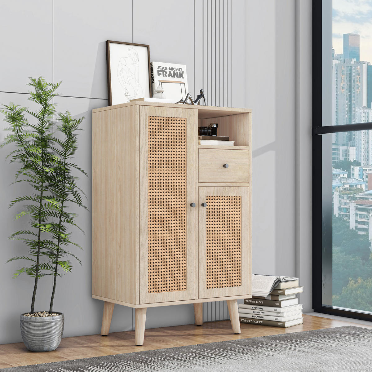 KOMMODE 60/40/101 cm aus Spanplatte mit 2 Rattantüren und Schublade Eichefarben - Eichefarben, Holzwerkstoff (60/101/40cm) - Modenvie
