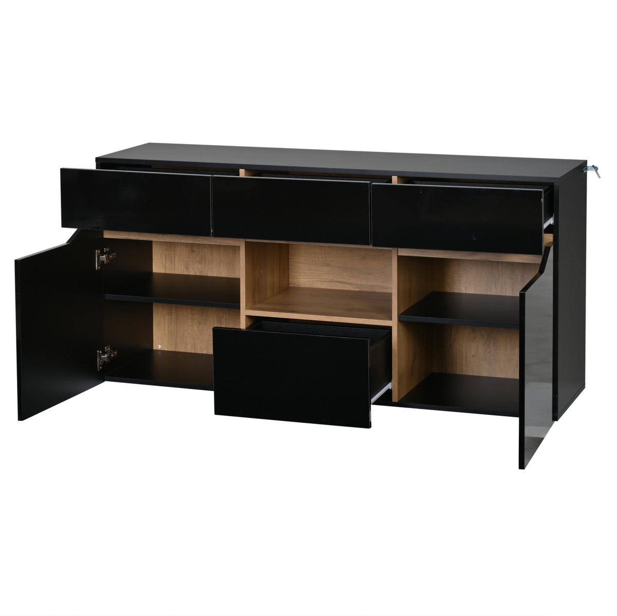 SIDEBOARD aus Spanplatte 140x40x70 cm Schwarz/Naturholz mit LED-Beleuchtung, 4 Schubladen, 2 Schränken und Hochglanz-Front - Schwarz, Holzwerkstoff (140/70/40cm) - Modfu