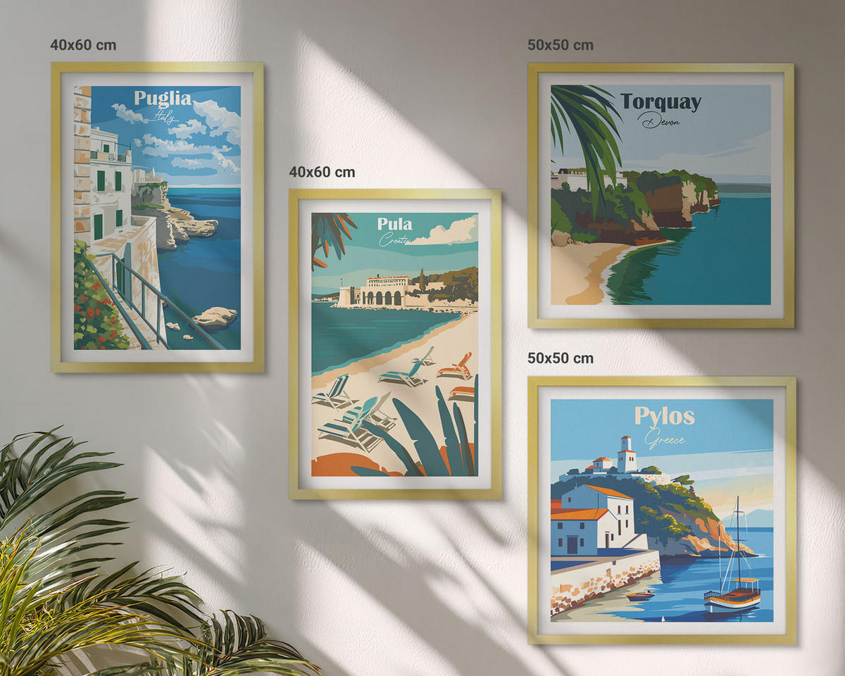 BILDER SET 4er Set - 50x50 cm & 40x60 cm Goldrahmen - Touristische Küstenlandschaften - Goldfarben, Kunststoff (50/50cm) - TULUP