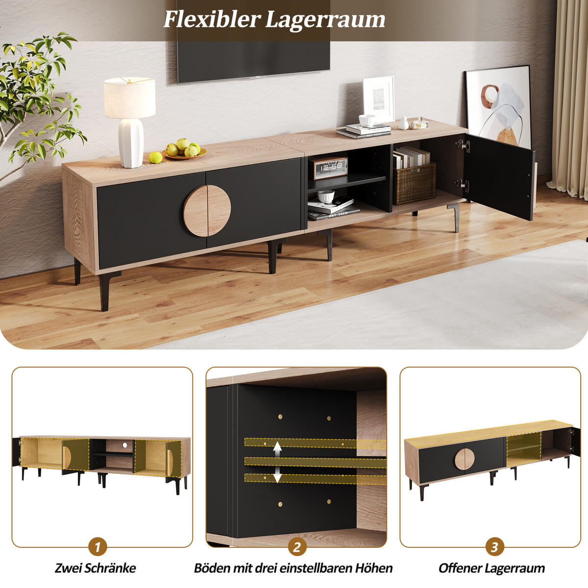TV-LOWBOARD 180/35/49 cm Eiche-Schwarz aus Spanplatte mit 3 Türen - Schwarz, Holzwerkstoff (180/49/35cm) - OKWISH