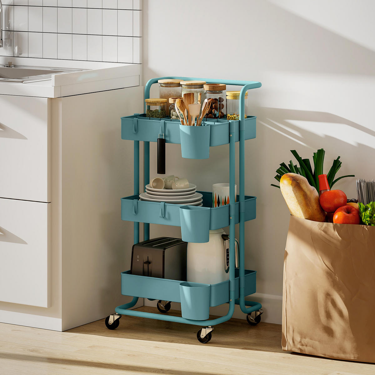 SERVIERWAGEN DE-12544 3 Ebenen mit Haken & Hängeboxen 42/38/86,5 cm Blaugrün - Weiß, Kunststoff (38/86.5/42cm) - ComfortXL