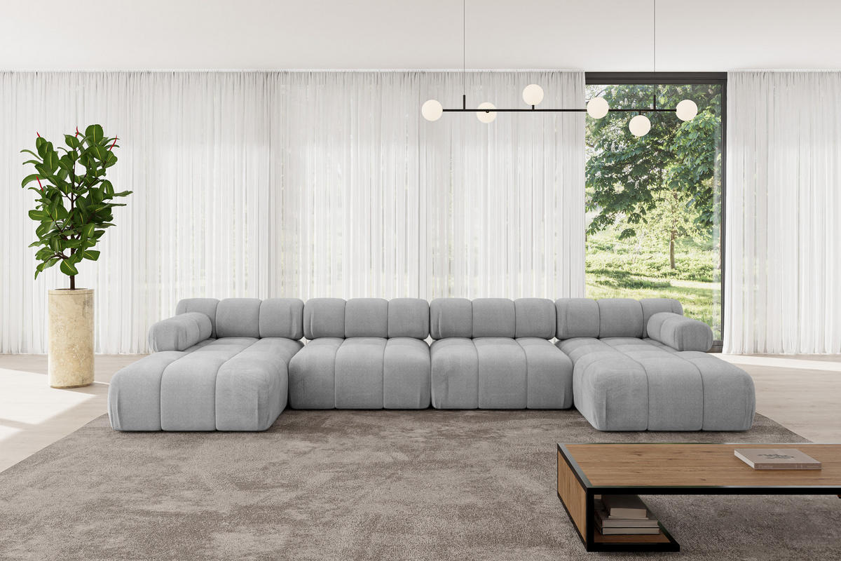 WOHNLANDSCHAFT modulares Sofa Tesso-U2 - 380x160x70 cm Hellgrau Velours - Hellgrau, Holzwerkstoff/Textil (380/70/160cm) - ALTDECOR