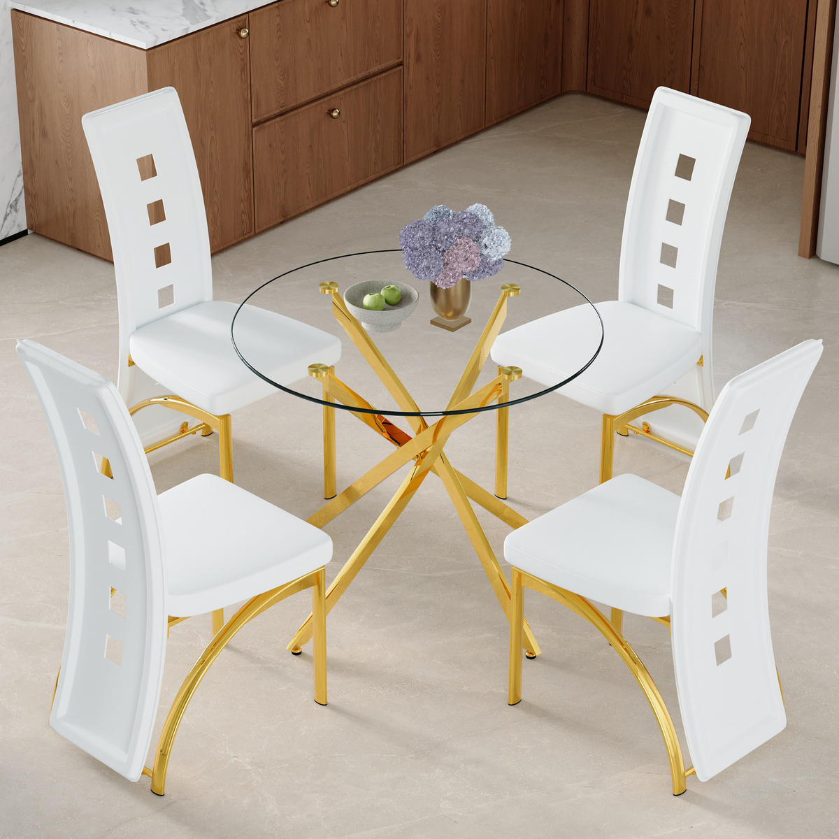ESSGRUPPE DE-39452 5-teilig, Glastisch und 4 Stühlen mit Lochmuster Weiß/Gold - Goldfarben/Weiß, Metall (88/75/88cm) - ComfortXL