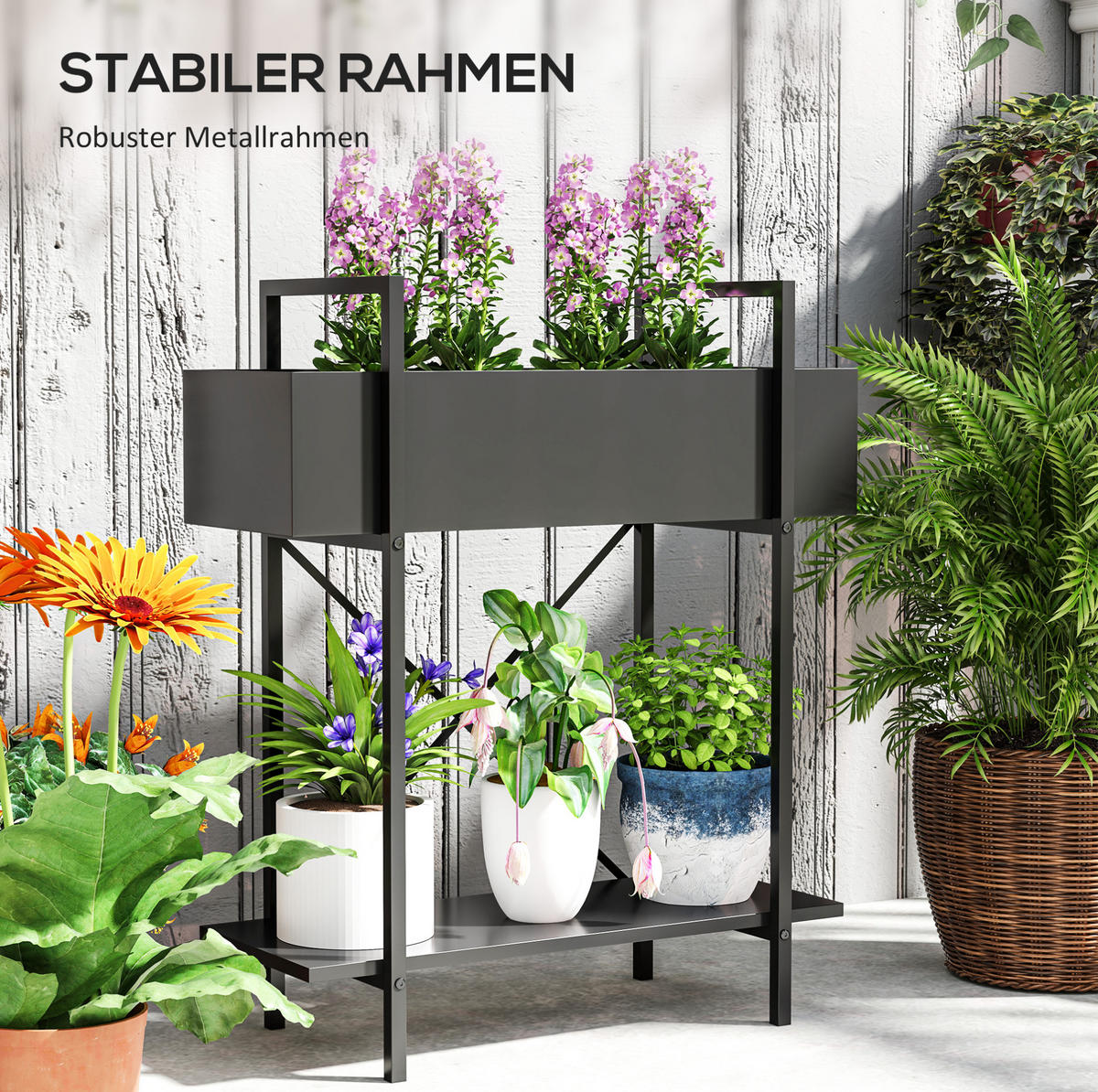 GARTENREGAL aus Metall 60x25x70 cm in Schwarz mit 2 Ebenen - Schwarz, Metall (25/70/60cm) - Modfu