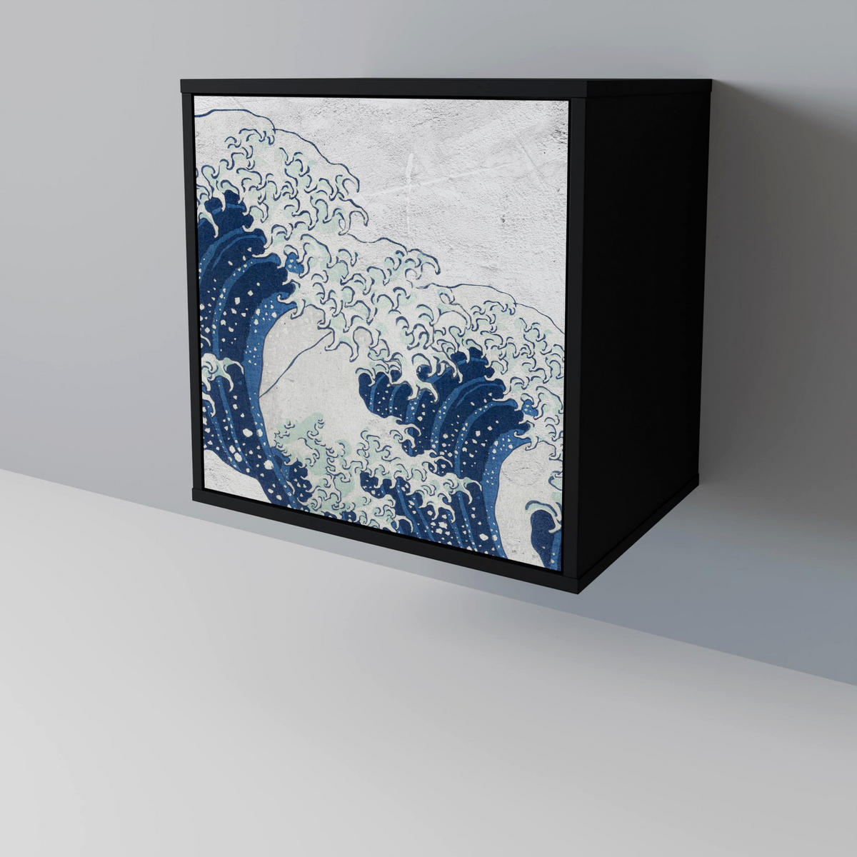SIDEBOARD THE GREAT WAVE AT KANAGAWA, Schwarz, 57,5x42x70,5 cm, Schwarze Metall-Sternfüße - Multicolor/Schwarz, Holzwerkstoff/Metall (57.5/70.5/42cm) - SpaceRebels