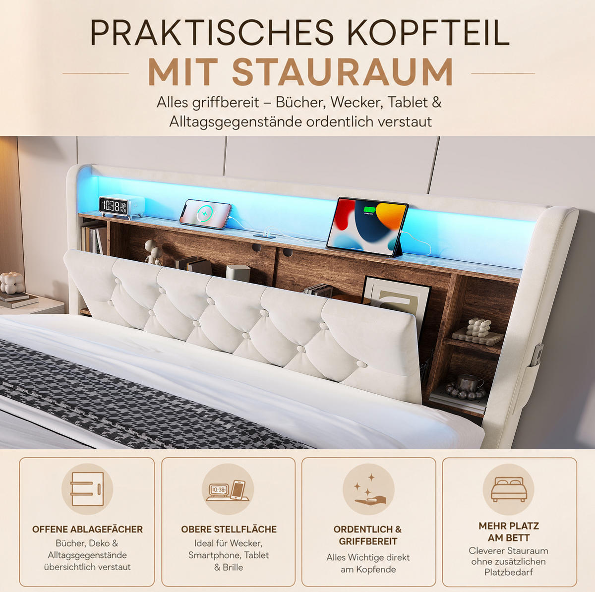 POLSTERBETT aus Samt 160x200 cm Beige mit Bettkasten, LED-Beleuchtung, USB- und Type-C-Anschlüssen - Beige, Textil (160/200cm) - Modfu