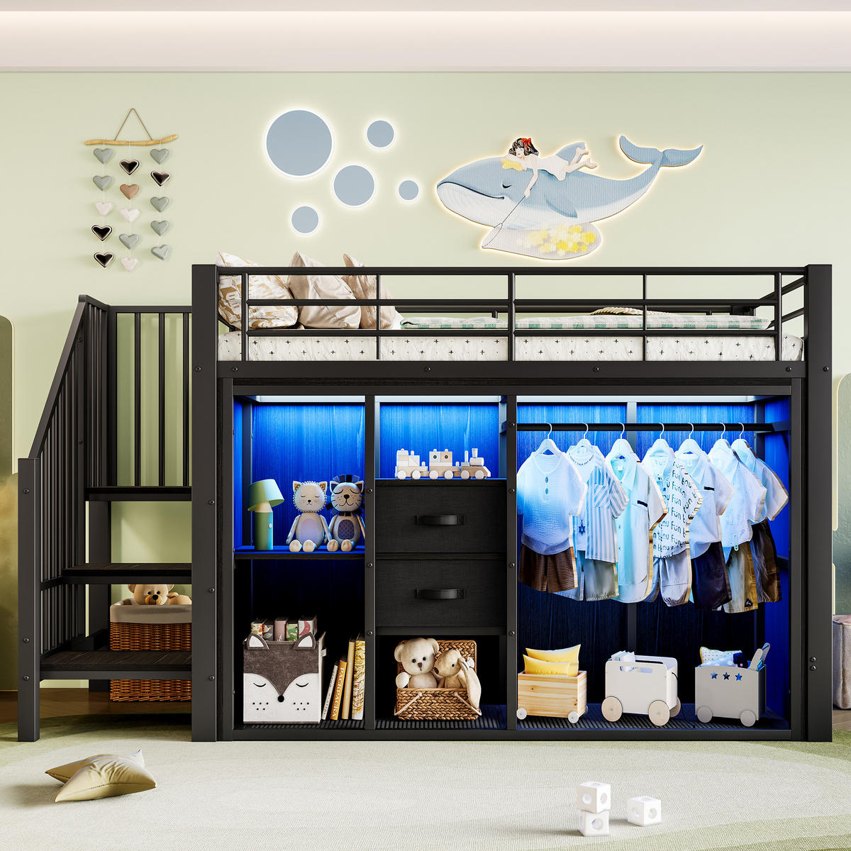 HOCHBETT 90/200 cm Schwarz mit 2 Schubladen und mehrfarbiger LED-Beleuchtung - Schwarz, Metall (90/200cm) - OKWISH