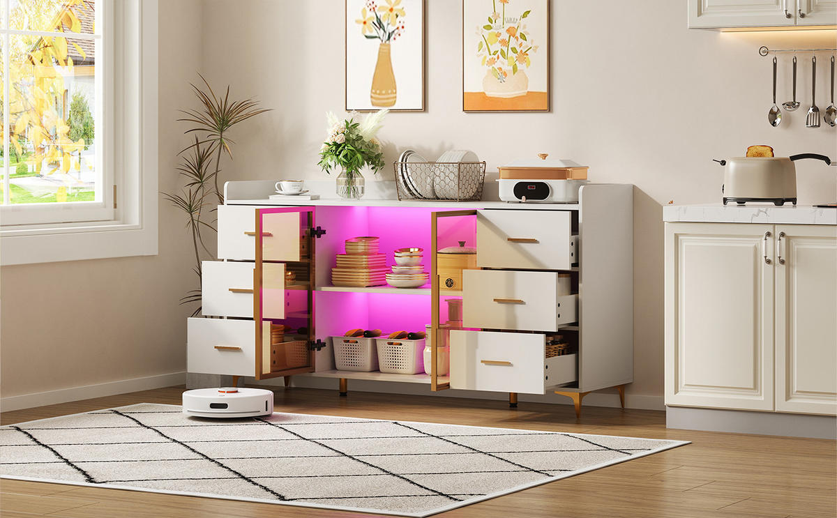 SIDEBOARD mit 6 Schubladen und Doppeltür mit Rauchglas, fernbedienbare LED, MDF, 160/44/87 cm, Weiß und Gold - Weiß, Holzwerkstoff (160/87/44cm) - Redom