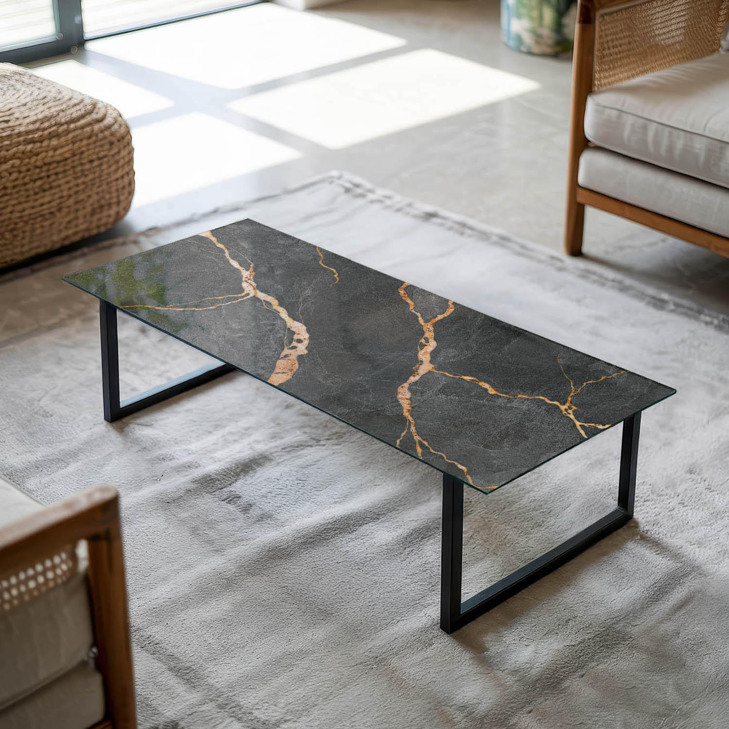 TISCHPLATTE 125x50 cm Marmoroptik mit Aderung - Goldfarben/Schwarz, Glas (125/50/0.4cm) - TULUP