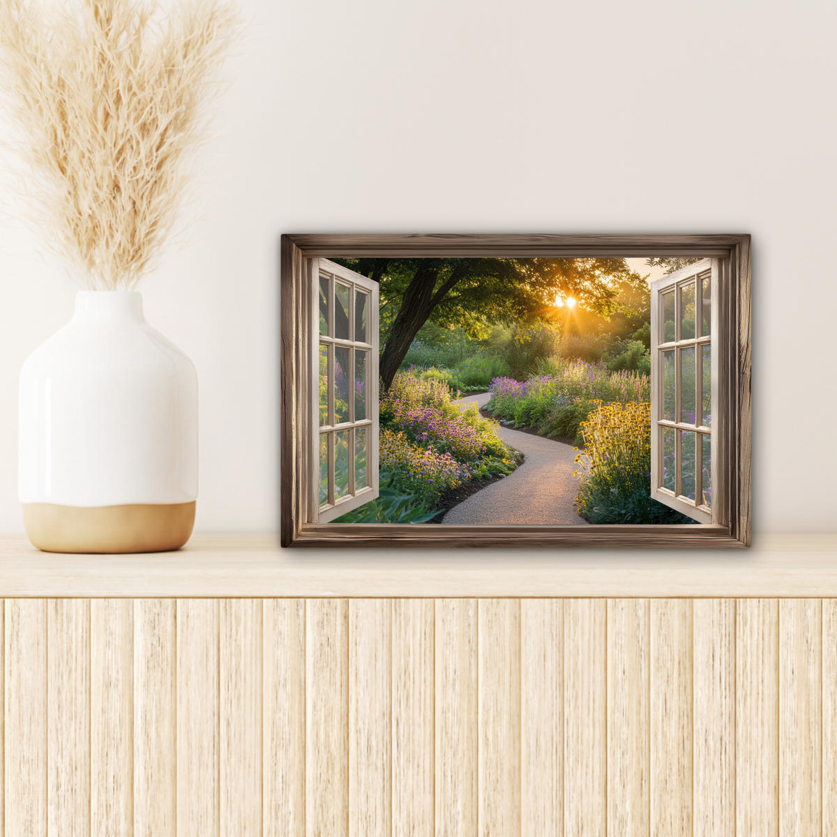 LEINWANDBILD Aussicht - Blumen - Natur - Sonne - Weg Deko Schlafzimmer 30x20 cm - Hellgelb, Textil (30/20cm) - MuchoWow