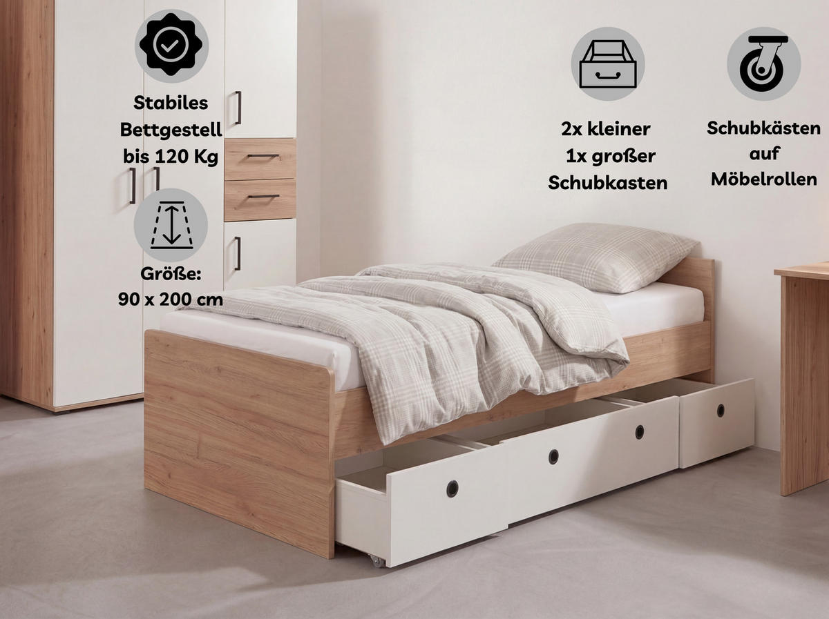 EINZELBETT 90x200cm inkl. Bettkästen Artisan - Eichefarben/Schwarz, Holzwerkstoff/Kunststoff (90/200cm) - arthur berndt