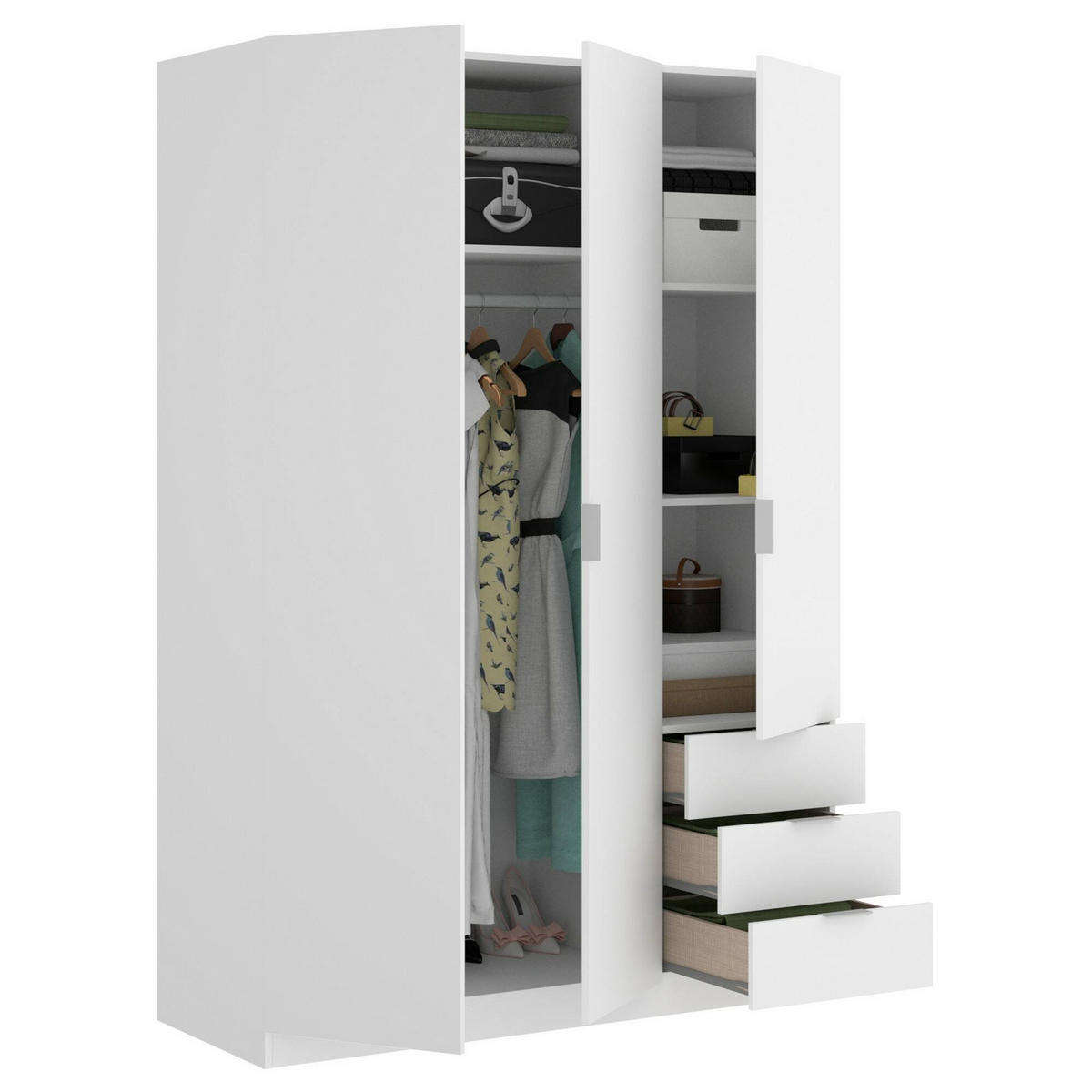 KLEIDERSCHRANK 3 TÜREN Weiß 52/121/184 cm - Weiß, Holzwerkstoff (121/184/52cm) - DMORA