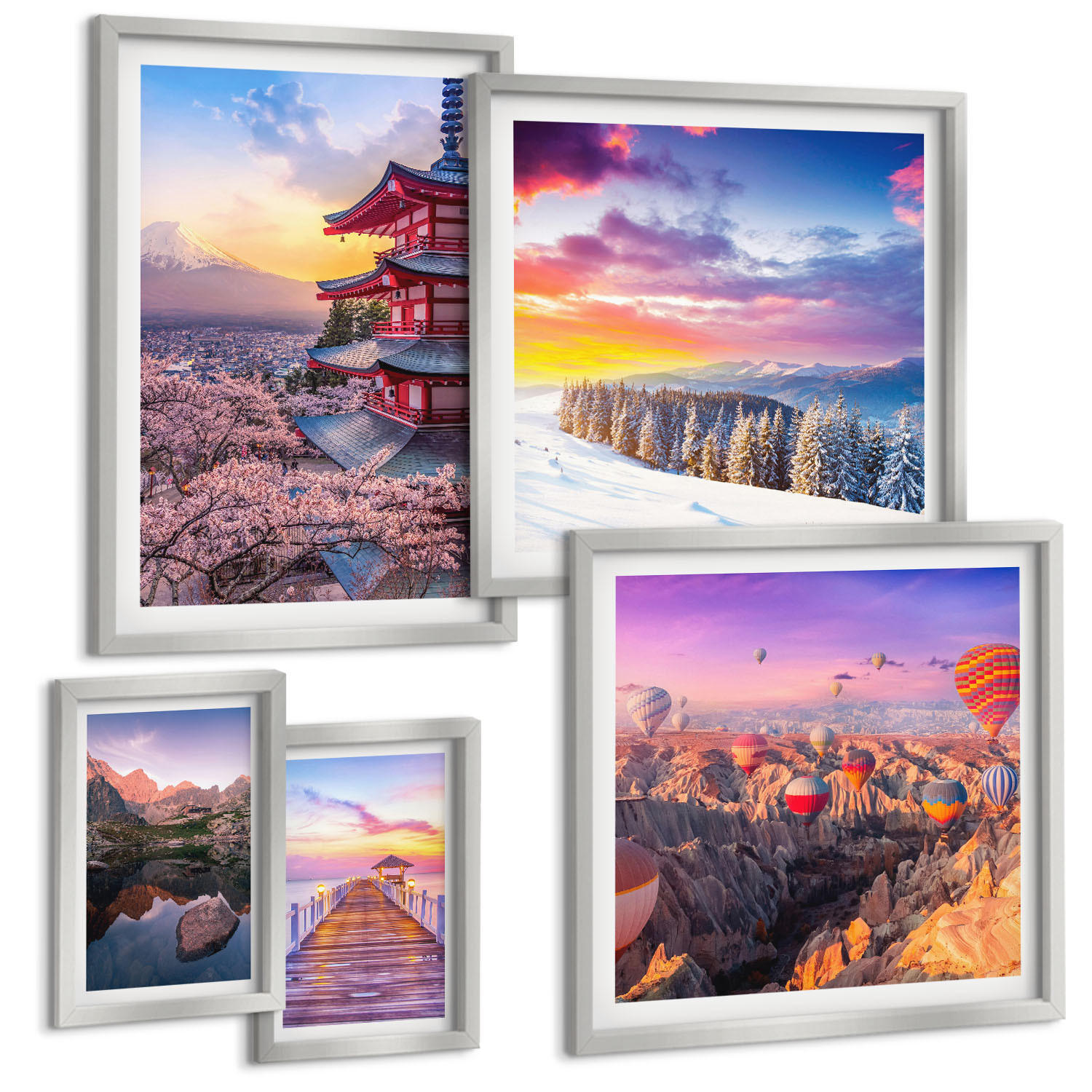 BILDER SET 5er Set - 50x50 cm & 20x30 cm & 40x60 cm Silberner Rahmen - Romantische Himmelslandschaften - Silberfarben, Kunststoff (40/60cm) - TULUP