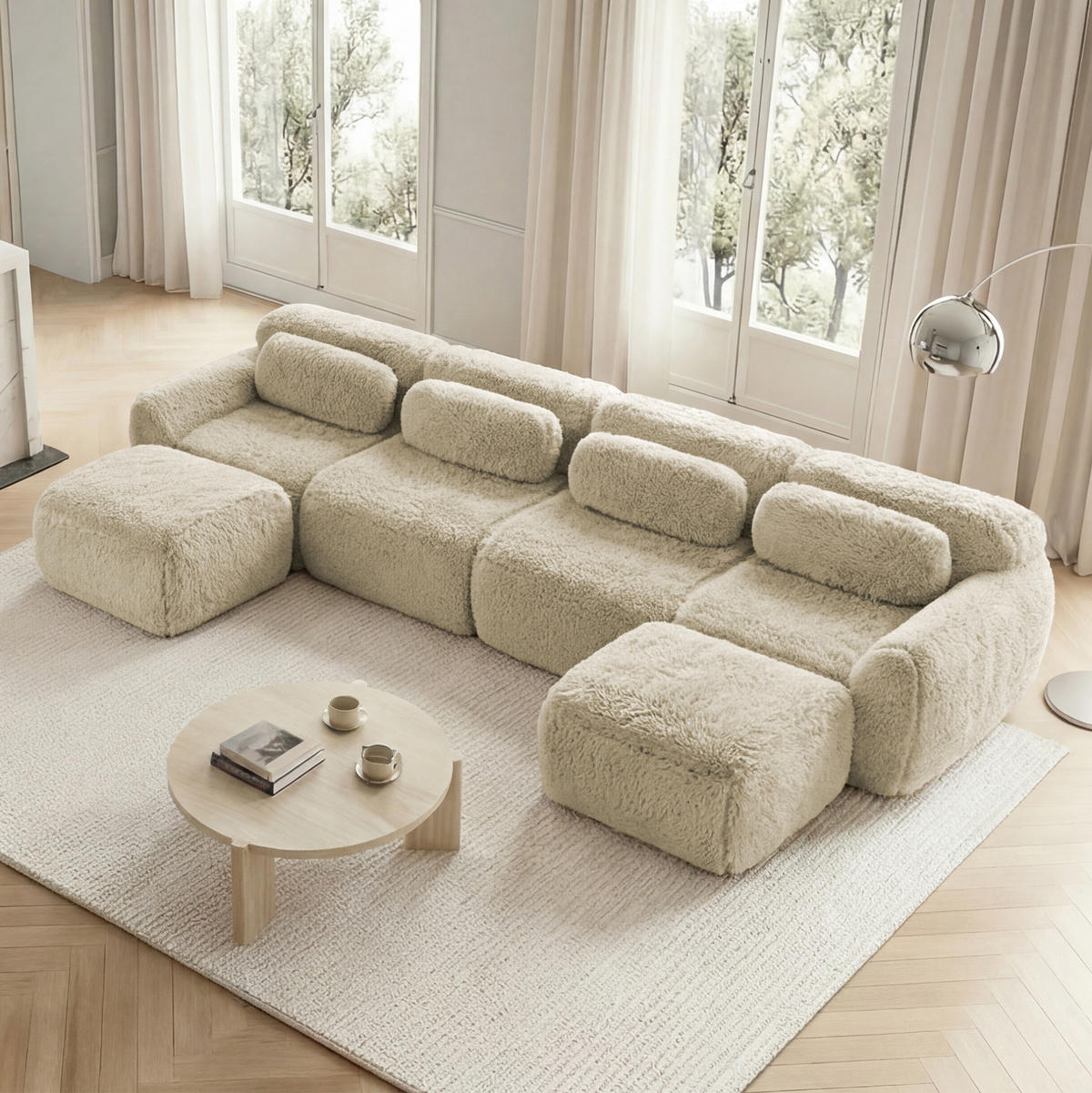 ECKSOFA 378/179/73 cm hellkhaki aus Plüschstoff rahmenlos und frei kombinierbar - Beige, Textil (179/378cm) - OKWISH