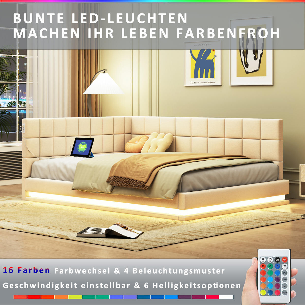 POLSTERBETT 140x200 cm Beige Multifunktion LED USB Lattenrost - Beige, Naturmaterialien - FLIEKS