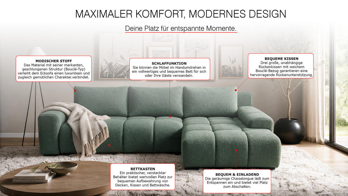 ECKSOFA Ovia mit Bettkasten und Schlaffunktion, Bouclé-Stoff in L-Form - Grün, Textil (270/185cm)