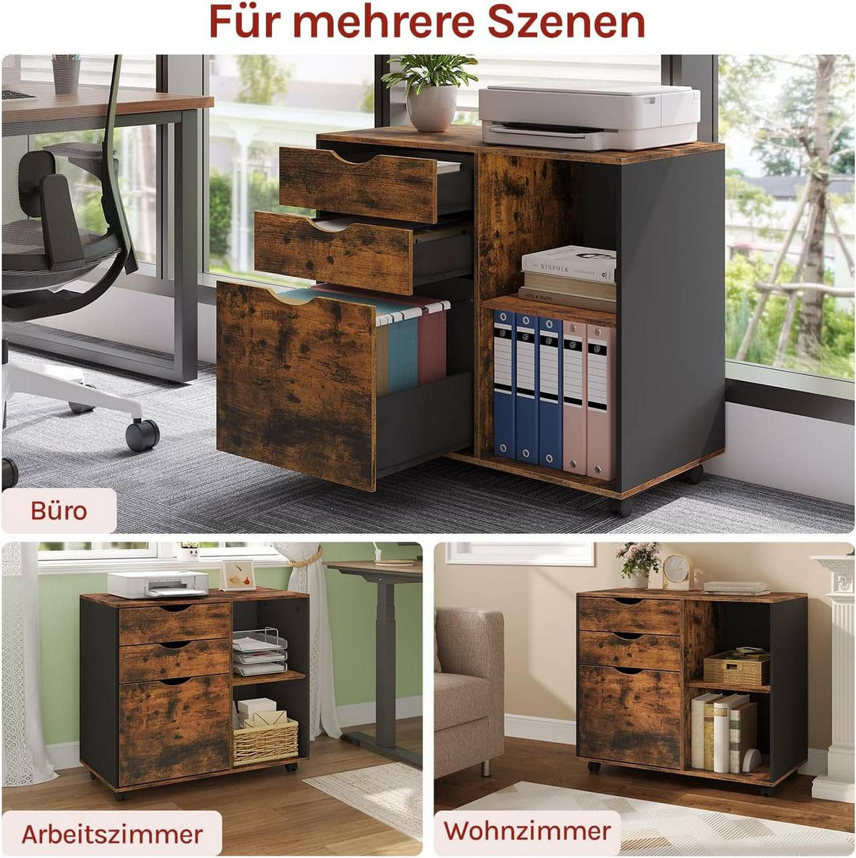 ROLLCONTAINER mit 3 Schubladen,5 Rollen, Rustikales Braun - Dunkelbraun/Schwarz, Holzwerkstoff (80/69.5/39.5cm) - Woltu