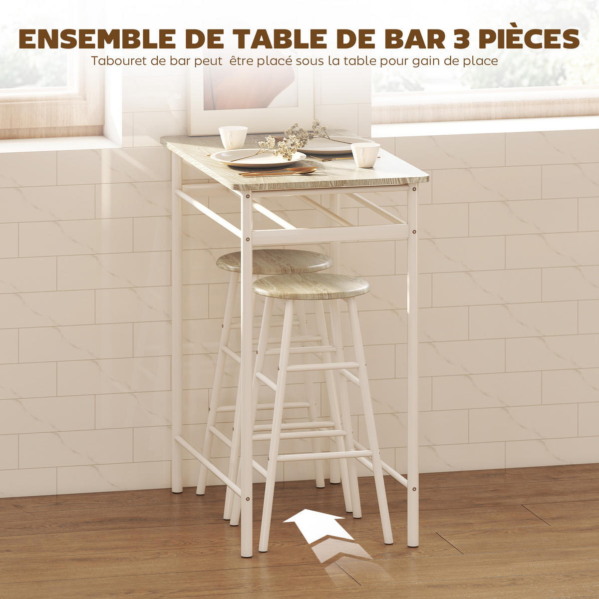 BARTISCH-SET DE-14801 mit 2 Hockern & Ablage Weiß - Weiß, Metall (80/50/90cm) - ComfortXL