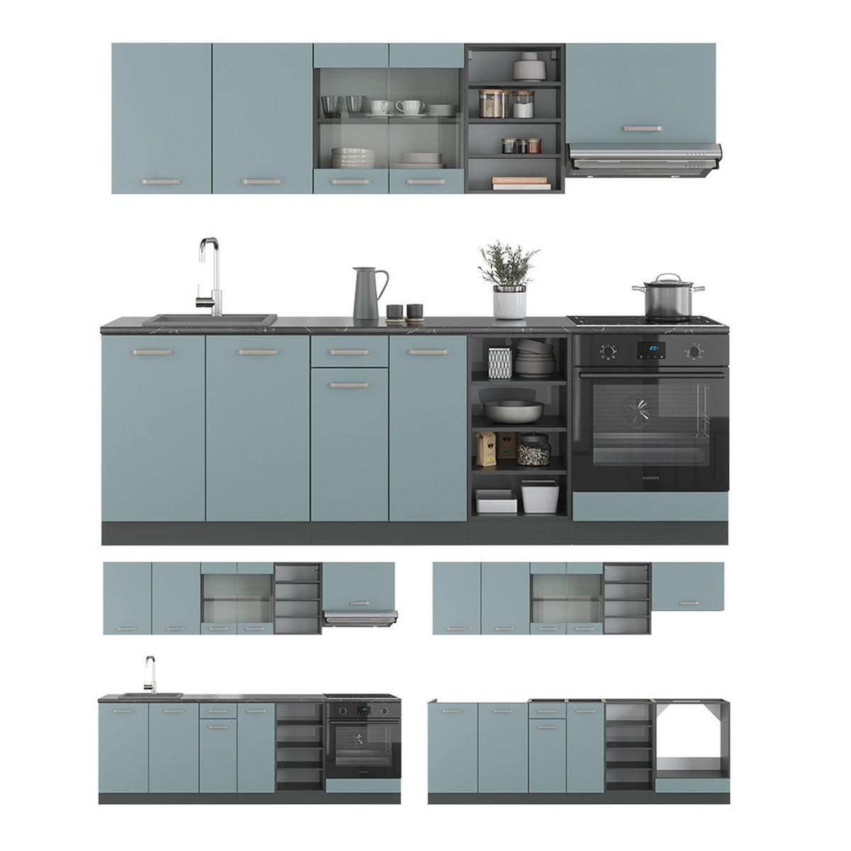 KÜCHENZEILE R-Line Blau-Grau/Anthrazit 240 cm, AP Anthrazit - Anthrazit/Blaugrau, Holzwerkstoff (240/81.6/60cm) - Vicco