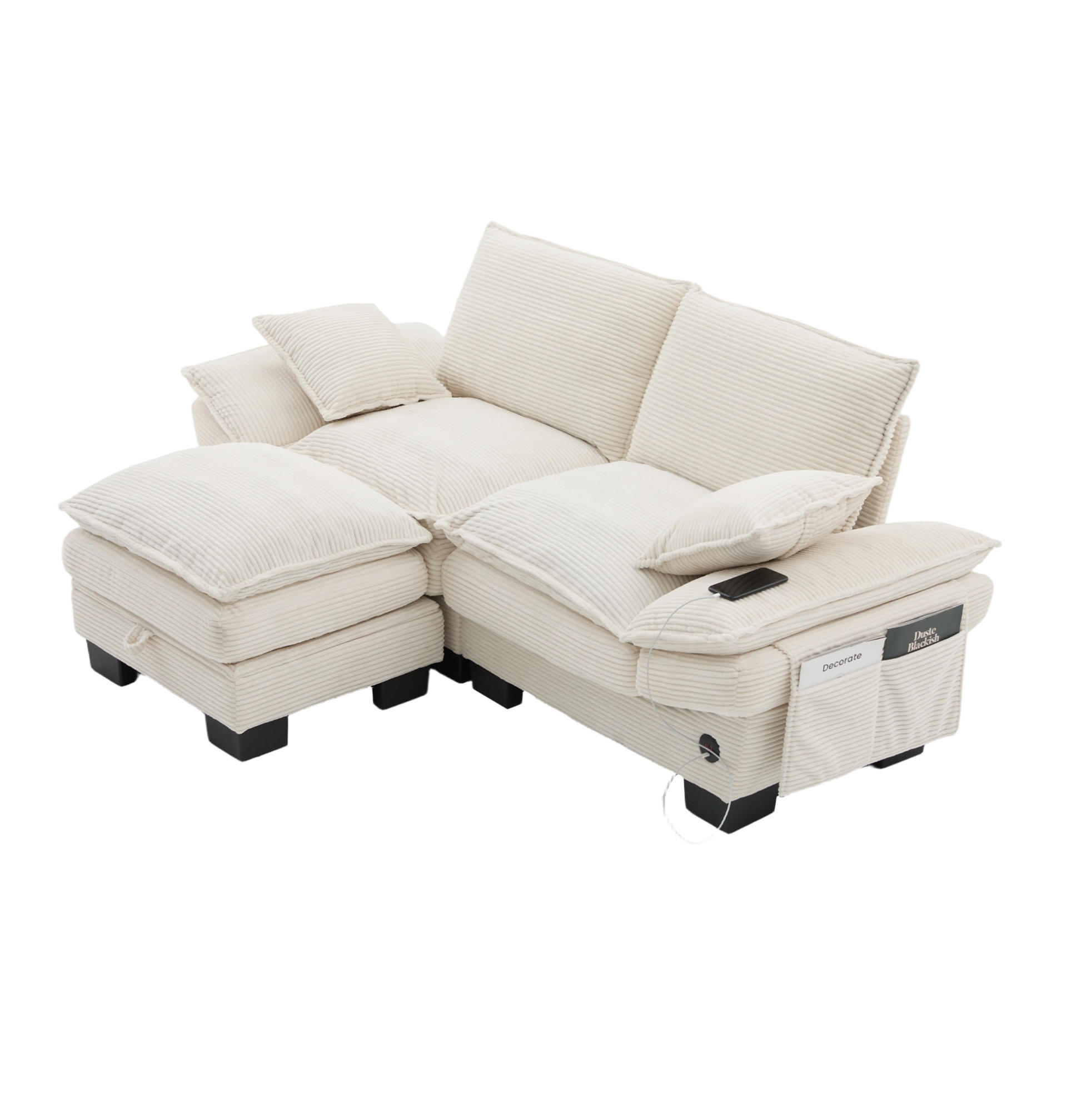 2-SITZER Sofa aus Corduroy 190x132x84 cm in Beige mit Hocker & USB-C - Beige, Textil (132/84/190cm) - Modfu